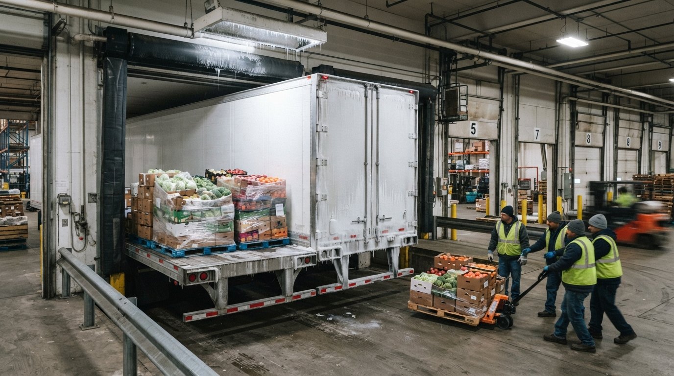 Refrigerated tractor trailer at a loading facility